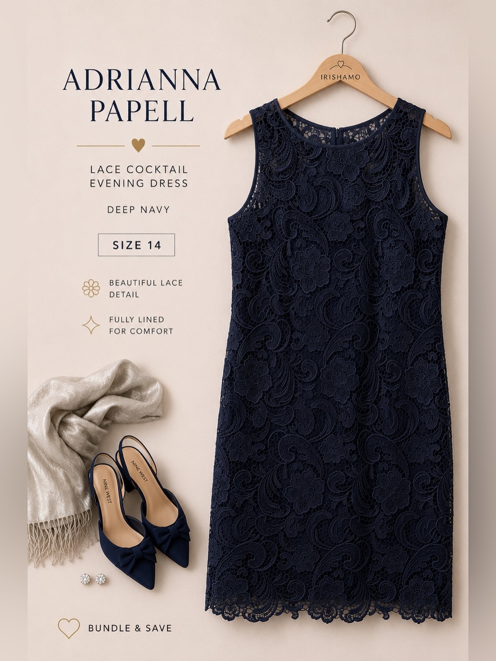 Adrianna Papell Navy Illusion Bodice Lace Sheath Dress Size 14-Built-in Bra Cups